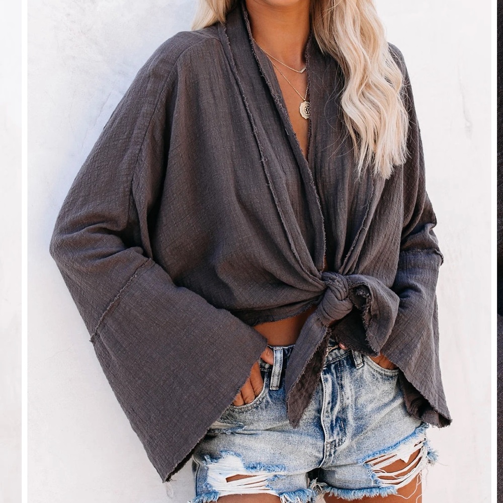 Vici Collection Charcoal Tie Front Blouse
